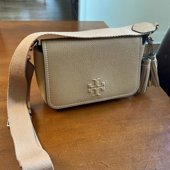 Tory Burch Tan Crossbody Bag with Logo and Silver Hardware - Picture 1 of 6